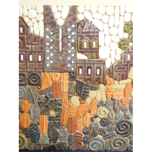 373 - Paul B Hardcastle. Abstract ceramic mosaic wall panel of a stylised town scene having applied spiral... 