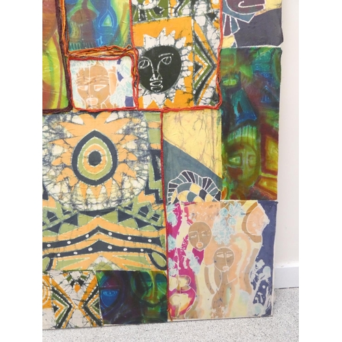 375 - Paul B Hardcastle. Abstract mixed media canvas painting in the African style, having panels depictin... 