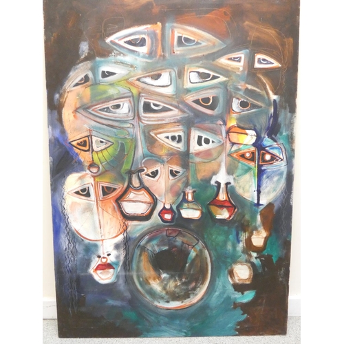 381 - Paul B Hardcastle. Abstract of a multi eyed being above a spherical orb.Oil on canvas97cm x 138cm.... 