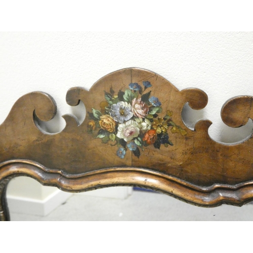 398 - Antique walnut fret framed mirror having scrolled pediment bearing painted panel of a floral bouquet... 