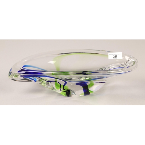 35 - Max Verboeket for Maastricht Kristalunie, green and blue swirl mid century art glass bowl