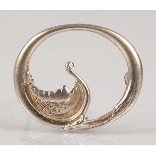 55 - Two Ola M. Gorie silver brooches, shetland pony and viking ship design, with one box