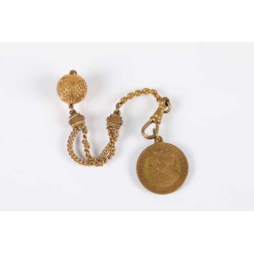 58 - Plated base metal and yellow metal fob chain with George V and Mary 1911 coin 