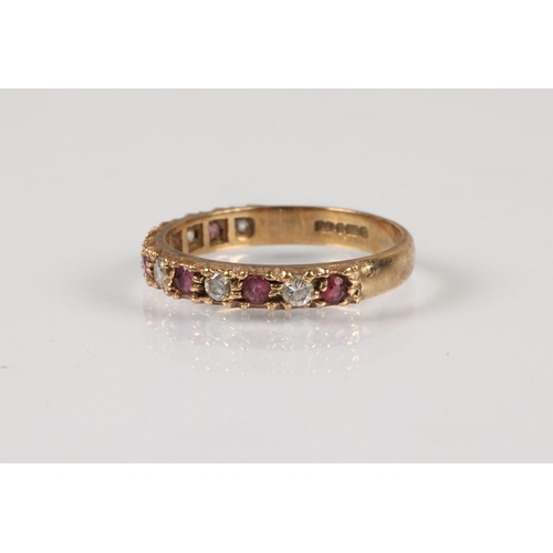 61 - 9ct gold half eternity ring set with alternating pink and white gems, ring size M, 1.8g