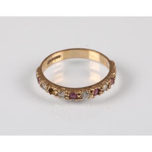 61 - 9ct gold half eternity ring set with alternating pink and white gems, ring size M, 1.8g