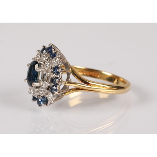 85 - 18ct gold ring set with a tiered cluster of diamonds and sapphires, 4.9g, ring size O/P