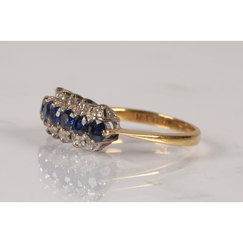 86 - 18ct gold ring set with two rows of diamonds and a central row of sapphires, 4g, ring size L/M