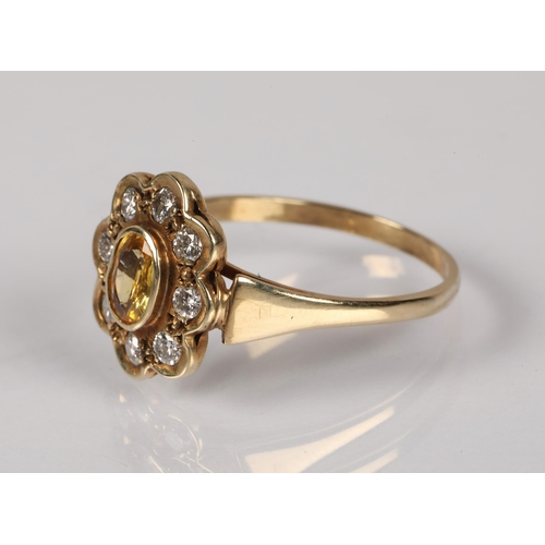 88 - 9ct gold daisy cluster ring set with a central citrine gemstone surrounded by diamonds, ring size N,... 