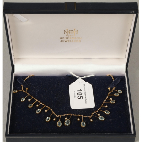 105 - 15ct gold necklace set with pendant pale blue gemstones, and seed pearls, 9.5g