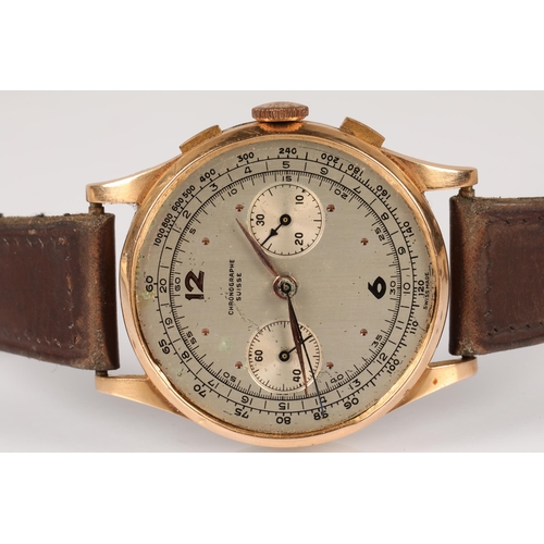 109 - 18ct gold cased gents Chronographe Suisse wristwatch on leather strap, gross weight 40g