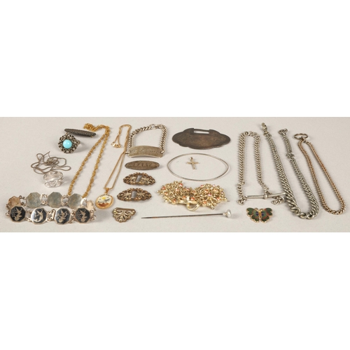 117 - Assorted silver to include two silver watch chains, one with T-bar, an identity bracelet, two damage... 