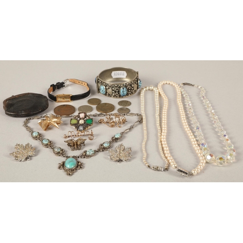 124 - Costume jewellery, some white metal, coins, etc