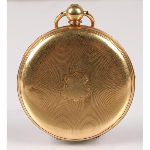 144 - 18ct gold open face pocket watch with subsidiary dial, total weight 102g