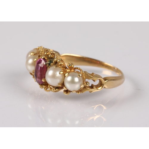 155 - Antique yellow metal ring set with pearls and a central pink gem, ring size I, 2.5g