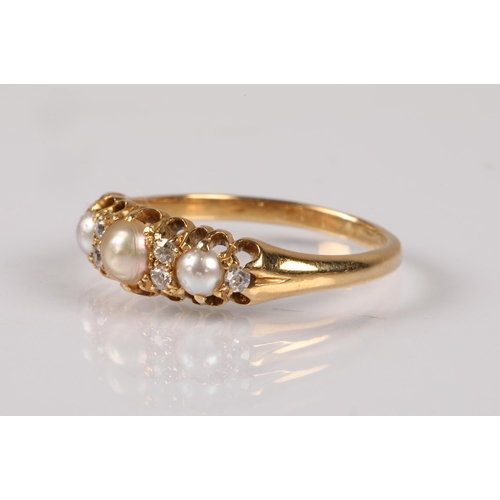 156 - Antique 18ct gold ring set with pearls interspersed with diamonds, ring size N, 3.1g