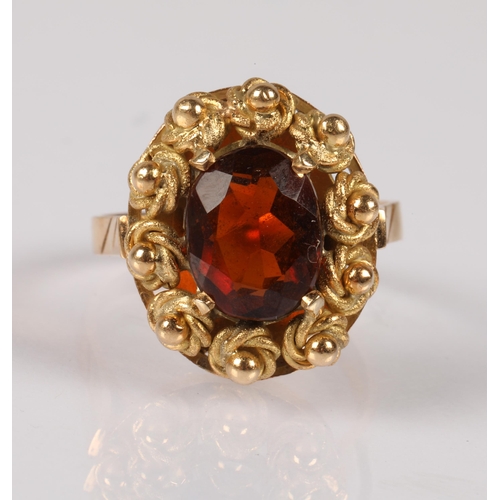 157 - Antique 18ct gold ring set with a citrine coloured stone, gross weight 6.9g, ring size O