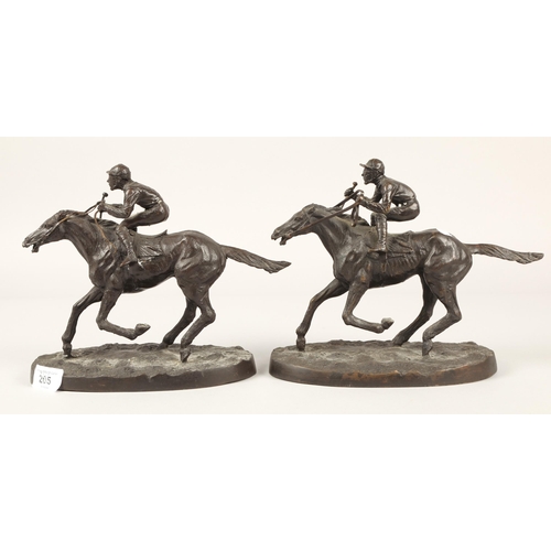 205 - After Pierre-Jules Mene, pair bronze jockey and horse figures, each base 22cm long, 21cm h, signed M... 