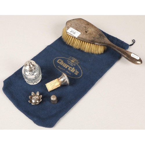 216 - Silver and white metal miscellany to include silver hairbrush, condiment, thimble, etc