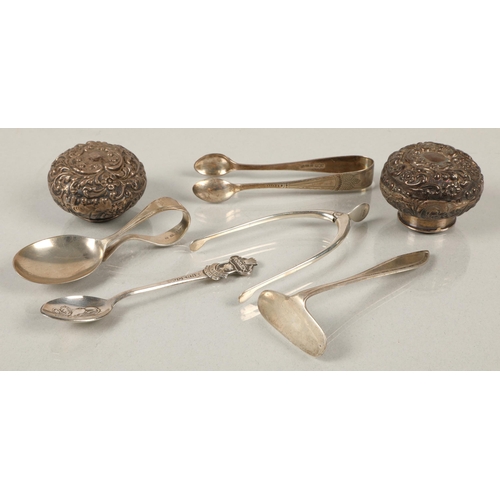 223 - Silver to include wishbone tongs, child's spoon and pusher, two bottle tops, and a plated Rolex spoo... 