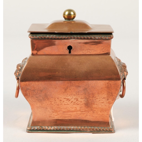 227 - Small copper tea caddy with lion head handles