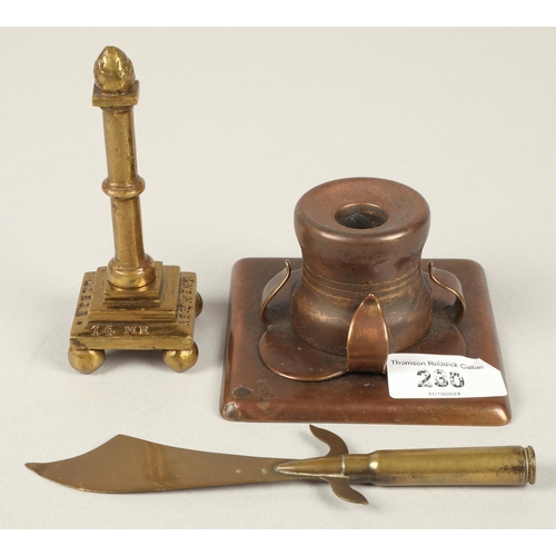 230 - Three pieces of trench art to include candle stick, letter opener, and 14 [E]ME Regiment Deligne Lie... 