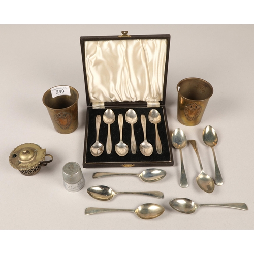 240 - Boxed EPNS teaspoons, other teaspoons and two brass cups