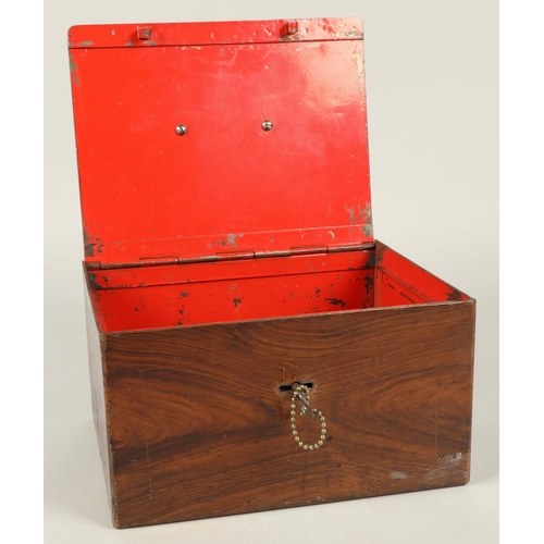 276 - Metal wood effect strongbox with key