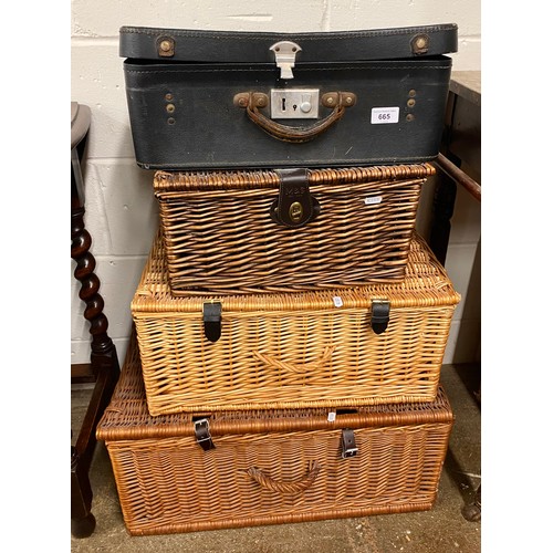 665 - Three wicker baskets & small suitcase