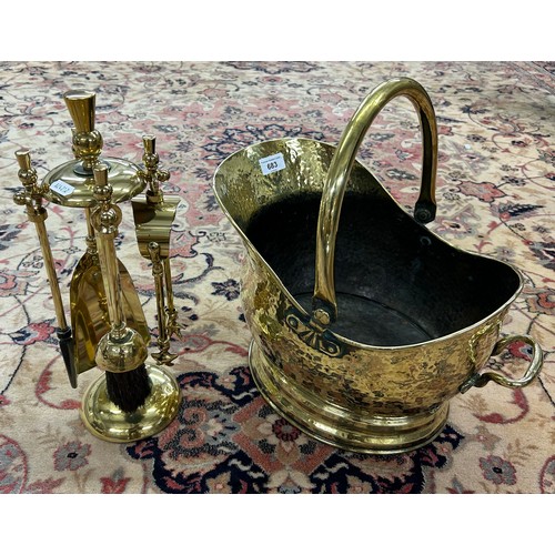 683 - Brass coal bucket & fireside companion set 