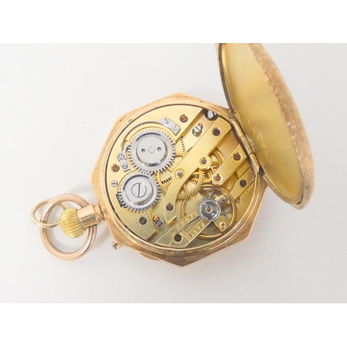 102 - Geneva cylinder watch in engraved enamelled gold case '14k', metal dome.