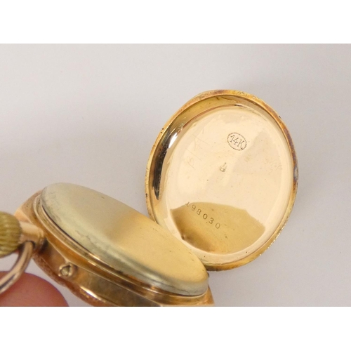 102 - Geneva cylinder watch in engraved enamelled gold case '14k', metal dome.