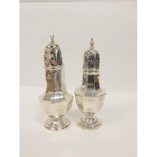 106 - Two silver octagonal baluster casters, 20th Century. 187g