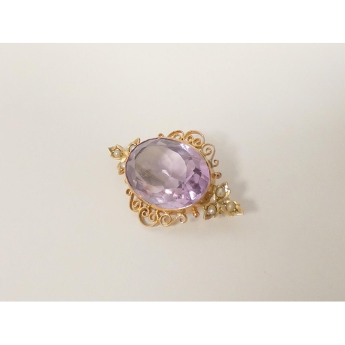 111 - Pearl and amethyst brooch in gold, probably 15ct