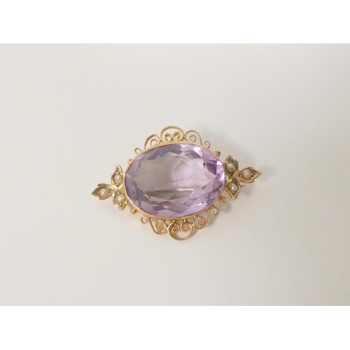 111 - Pearl and amethyst brooch in gold, probably 15ct