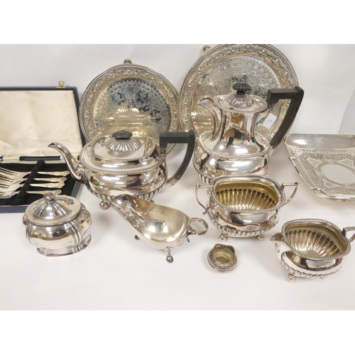 114 - Pair of e.p. engraved waiters 22cm and 27cm, a four piece tea set, C1900 and various other items