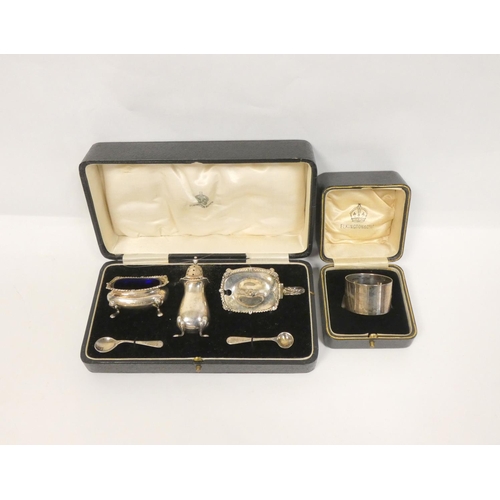 118 - Silver three piece condiment set and a napkin ring, both cased.