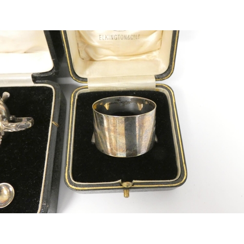 118 - Silver three piece condiment set and a napkin ring, both cased.