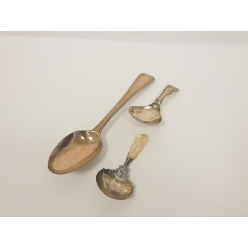 120 - Silver caddy spoon by John Bettridge, Birmingham 1819, another 1867 and a dessert spoon 1881 (3) 63g... 