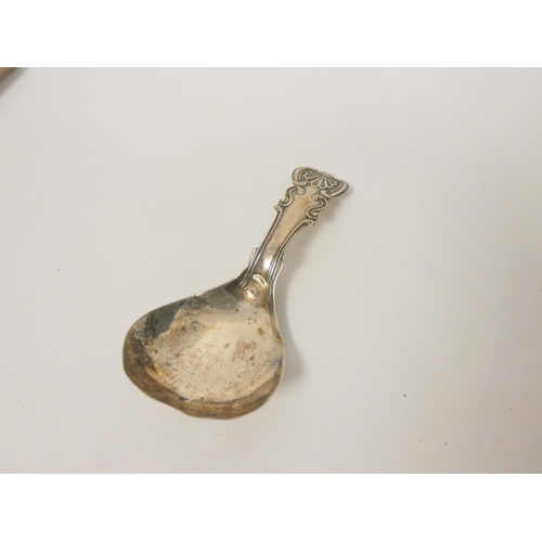 120 - Silver caddy spoon by John Bettridge, Birmingham 1819, another 1867 and a dessert spoon 1881 (3) 63g... 