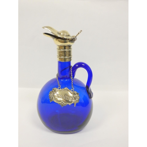 122 - Blue glass ewer of ovoid shape, e.p. mounts and label C1890