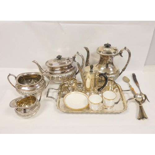 123 - E.p. four piece teaset, coffee set with porcelain cups and various other items.