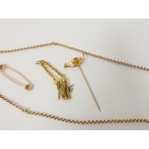 76 - Gold scarf pin, modelled as a fox and horn '15ct' and various other gold items. 11g gross.