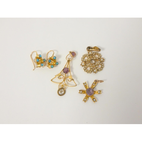 79 - Three Edwardian gold pendants, gem set and a pair of turquiose earrings. 6.5g gross