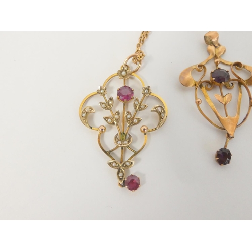 88 - Garnet pendant on necklet '9ct', another, two gold pins and a pair of ear studs. 11g gross.