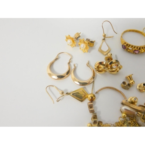 93 - 15ct gold gem ring and various earrings and other articles, some gold.