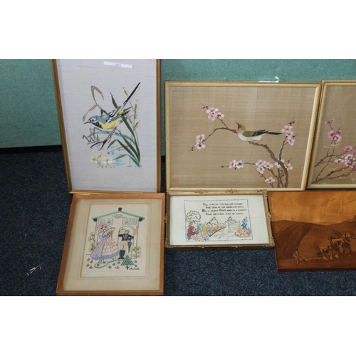 483 - Box of pictures to include a pair of CHINESE SCHOOL, watercolour on silks depicting birds, a pair or... 