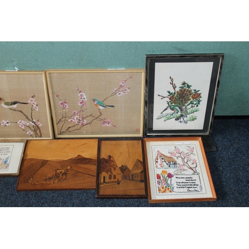 483 - Box of pictures to include a pair of CHINESE SCHOOL, watercolour on silks depicting birds, a pair or... 