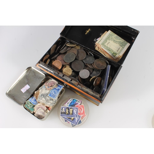 530 - Coin collection in cash tin including cartwheel pennies, Swedish 1 skilling banco 1843, Russia 5 kop... 