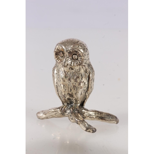 575 - Novelty cast white metal model of an owl, marks to base indecipherable, another of a cat similar, a ... 