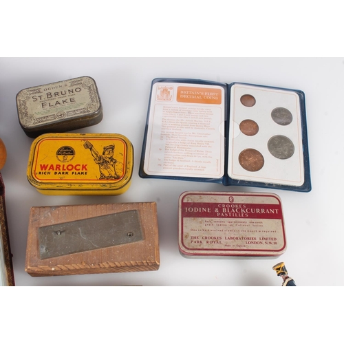 594 - Collection of curios to include vintage tins, a 1920s autograph album, an Evans Patents Concinnum Ma... 